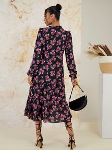 SHEIN 印花繫帶領腰部抽繩燈籠袖荷葉邊連衣裙 - 彩色 - 查看 2