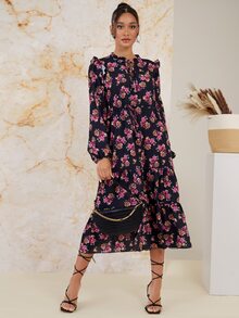 SHEIN 印花繫帶領腰部抽繩燈籠袖荷葉邊連衣裙 - 彩色 - 查看 3