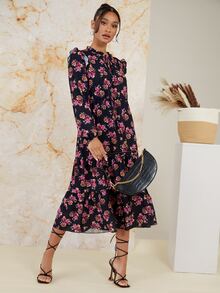 SHEIN 印花繫帶領腰部抽繩燈籠袖荷葉邊連衣裙 - 彩色 - 查看 4