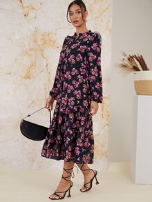 SHEIN 印花繫帶領腰部抽繩燈籠袖荷葉邊連衣裙 - 彩色 - 查看 5