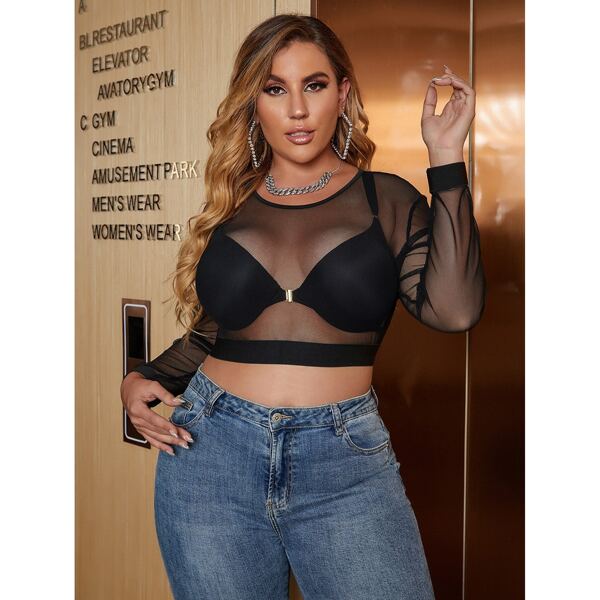 

Plus Sheer Mesh Crop Top Without Bra, Black