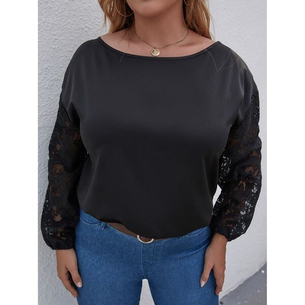 

Plus Contrast Lace Drop Shoulder Blouse, Black