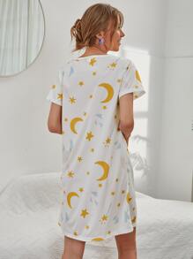 月亮星星圖案睡裙 - 白色 - 查看 2