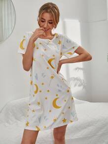 月亮星星圖案睡裙 - 白色 - 查看 3