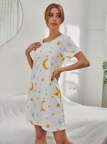 月亮星星圖案睡裙 - 白色 - 查看 4