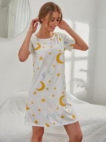 月亮星星圖案睡裙 - 白色 - 查看 5