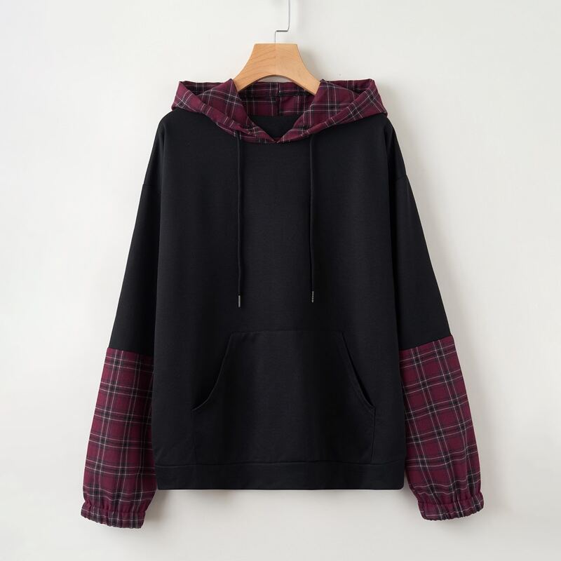 

Contrast Plaid Drawstring Hoodie, Black