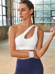 High Support One Shoulder Cut Out Sports Bra - White - View 3