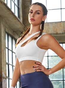 High Support One Shoulder Cut Out Sports Bra - White - View 5