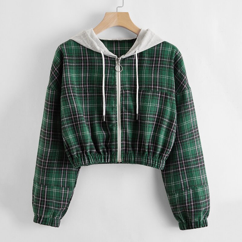 

Plaid Print Drawstring Hooded Jacket, Green