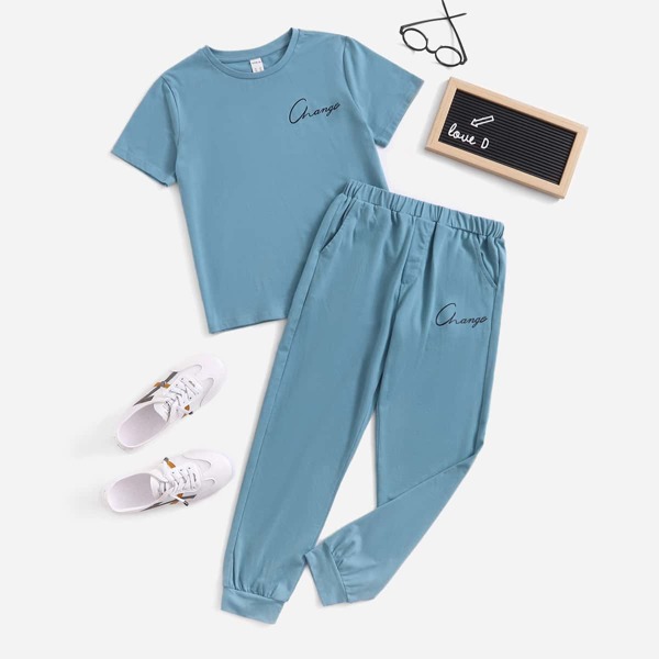 

Boys Letter Graphic Tee and Sweatpants Set, Blue