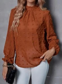SHEIN Clasi Mock Neck Swiss Dot Lantern Sleeve Blouse - Rust Brown - View 1