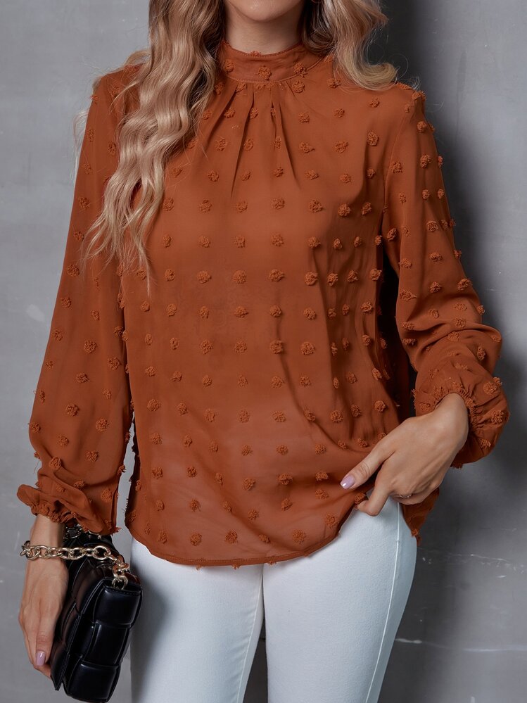 SHEIN Clasi Mock Neck Swiss Dot Lantern Sleeve Blouse - Rust Brown - View 1