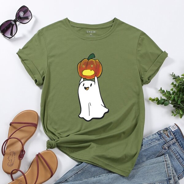 

Halloween Print Short Sleeve Tee, Army green