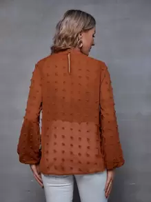 SHEIN Clasi Mock Neck Swiss Dot Lantern Sleeve Blouse - Rust Brown - View 2