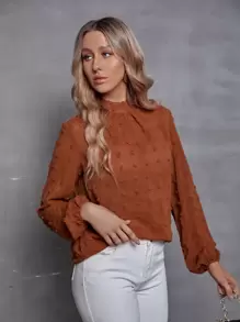 SHEIN Clasi Mock Neck Swiss Dot Lantern Sleeve Blouse - Rust Brown - View 3