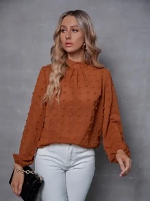 SHEIN Clasi Mock Neck Swiss Dot Lantern Sleeve Blouse - Rust Brown - View 4