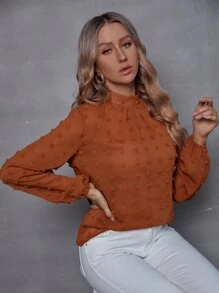 SHEIN Clasi Mock Neck Swiss Dot Lantern Sleeve Blouse - Rust Brown - View 5