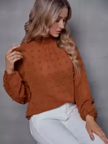 SHEIN Clasi Mock Neck Swiss Dot Lantern Sleeve Blouse - Rust Brown - View 6