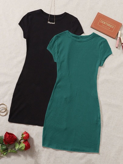 SHEIN EZwear Two-Piece Set Women's Casual Ribbed Round Neck Short Sleeve T-Shirt Mini Dress, Summer