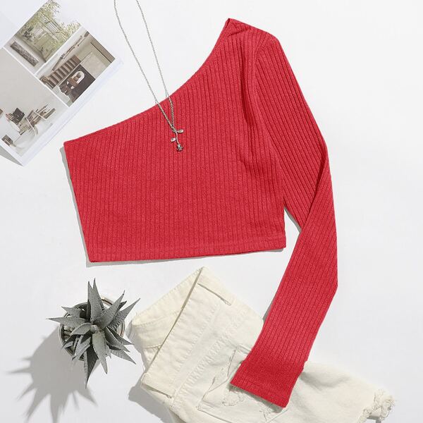

One Shoulder Form Fitting Crop Tee, Red