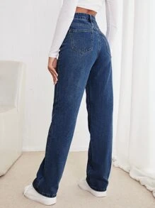 Jeans de pierna recta de talle alto - Azul lavado oscuro - Ver 2
