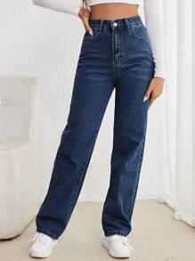 Jeans de pierna recta de talle alto - Azul lavado oscuro - Ver 5