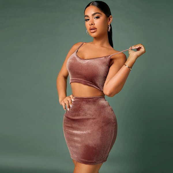 

Crop Velvet Cami Top & Bodycon Skirt, Rusty rose