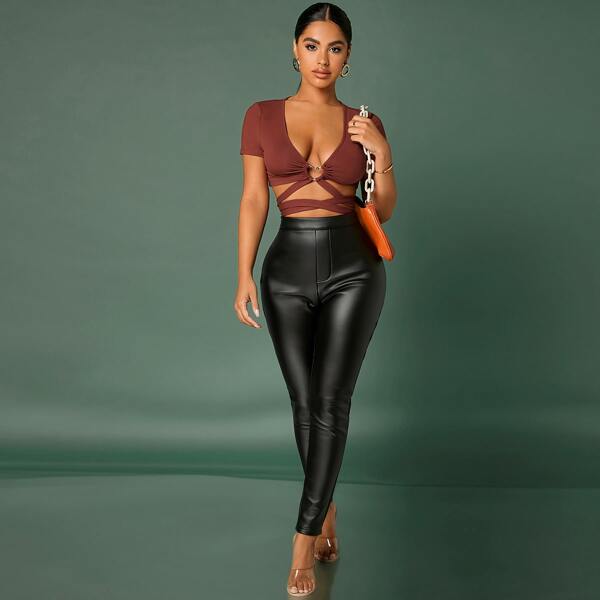 

Ring Ruched Bust Deep V Neck Crisscross Tie Back Tee, Rust brown