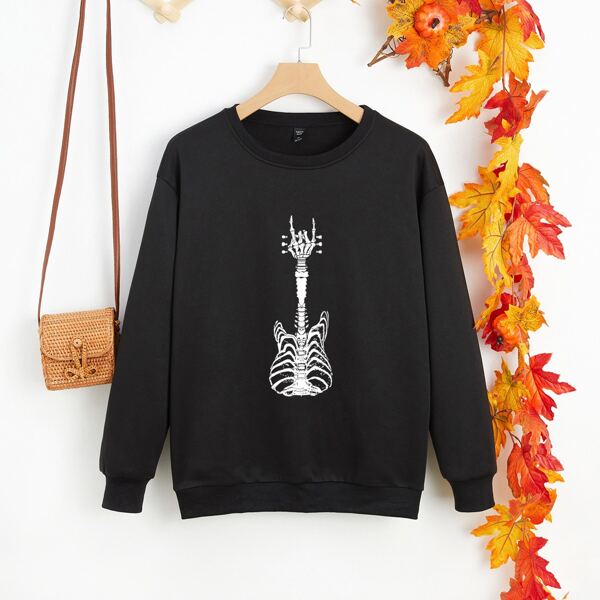 

Plus Skeleton Print Thermal Lined Sweatshirt, Black