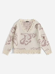 SHEIN Qutie 大碼鏤空毛邊圖形圖案套頭毛衣 - 彩色 - 查看 1