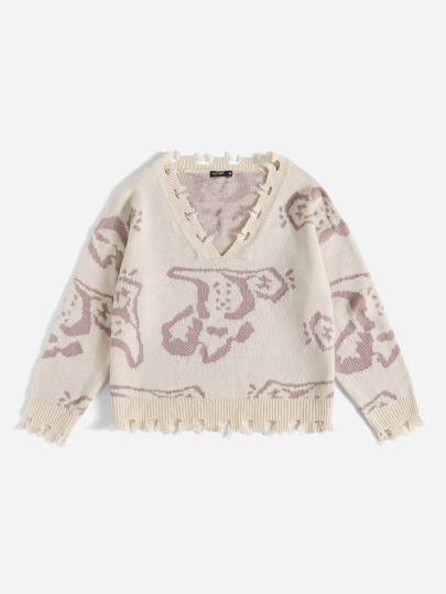 Plus Cutout Raw Hem Graphic Pattern Sweater