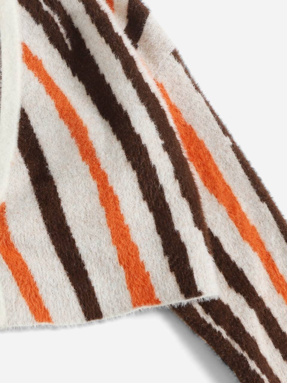Plus Block Stripe Pattern Drop Shoulder Fuzzy Cardigan