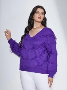 SHEIN Plus Solid Fringe Trim Jumper - Violet Purple - View 1