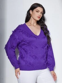 SHEIN Plus Solid Fringe Trim Jumper - Violet Purple - View 3