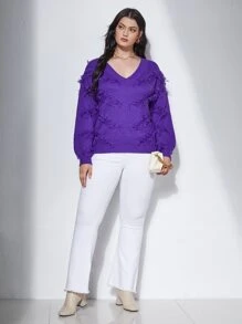 SHEIN Plus Solid Fringe Trim Jumper - Violet Purple - View 4