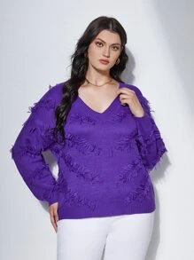 SHEIN Plus Solid Fringe Trim Jumper - Violet Purple - View 5