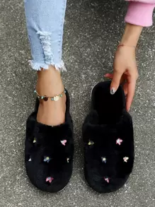 花卉刺繡圓頭家居拖鞋 - 黑色 - 查看 1