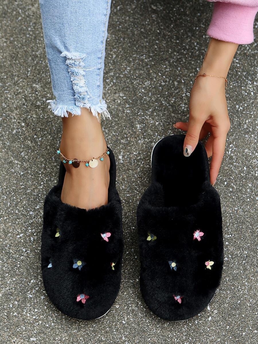 花卉刺繡圓頭家居拖鞋 - 黑色 - 查看 1