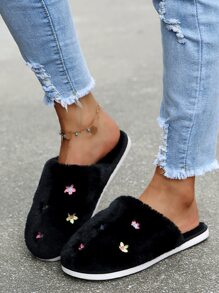 花卉刺繡圓頭家居拖鞋 - 黑色 - 查看 2