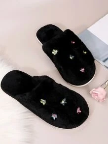 花卉刺繡圓頭家居拖鞋 - 黑色 - 查看 3