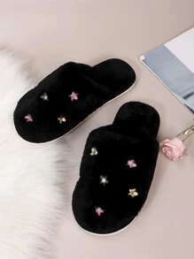 花卉刺繡圓頭家居拖鞋 - 黑色 - 查看 4
