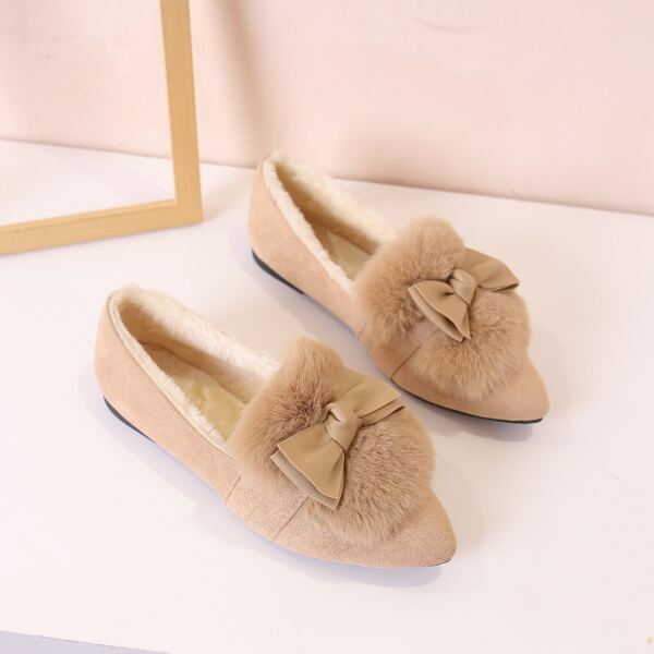 

Minimalist Bow Decor Fluffy Flats, Khaki