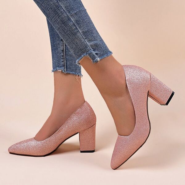 

Allover Glitter Decor Chunky Court Heels, Rose gold
