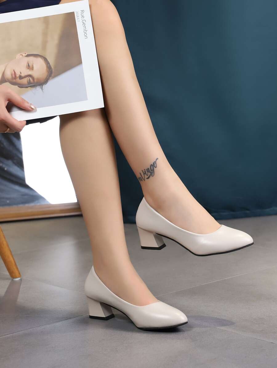 秋冬季简约尖头粗跟浅口鞋，米色女士单跟高跟鞋，优雅 - 米色 - 查看 1