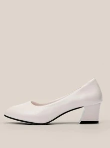 秋冬季简约尖头粗跟浅口鞋，米色女士单跟高跟鞋，优雅 - 米色 - 查看 3