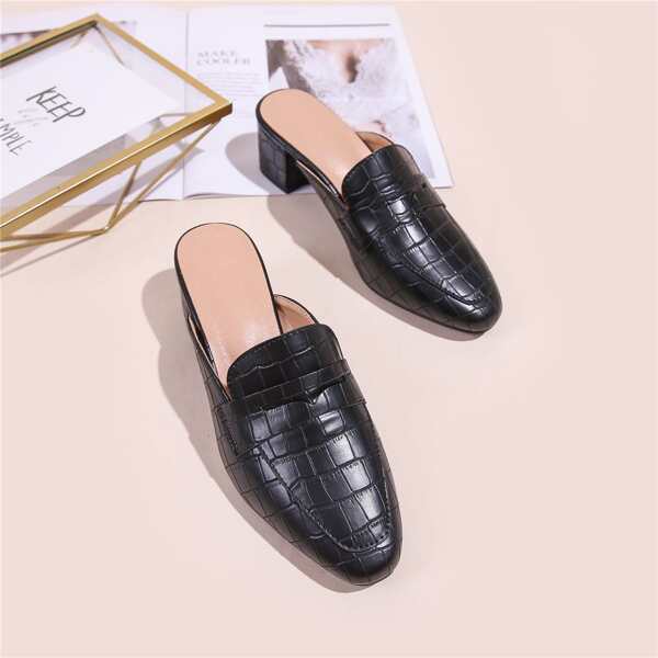 

Croc Embossed Chunky Heeled Loafer Mules, Black