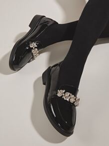 Fall/Winter Women's Fashionable Flat Loafers With Minimalist Design And Gemstone Decor Valentines - Black - View 1