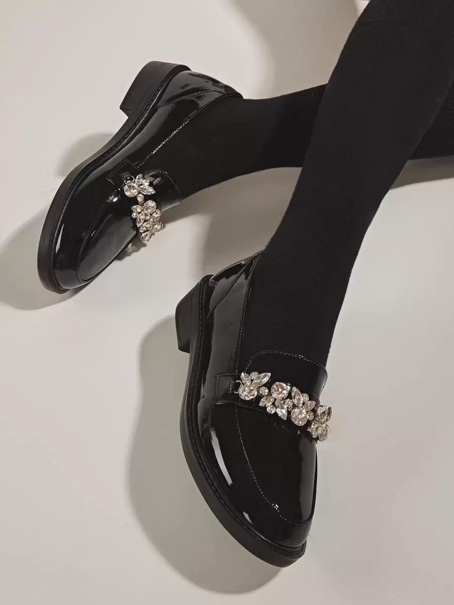 Fall/Winter Women's Fashionable Flat Loafers With Minimalist Design And Gemstone Decor Valentines - Black - View 1