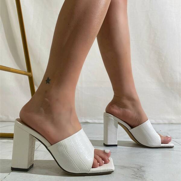 

Croc Embossed Chunky Heeled Sandals Mules, White